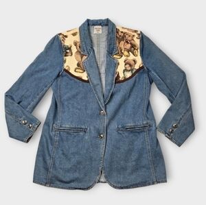 Teddy Bear Vintage Denim Blazer Size Medium Large Jacket Pockets